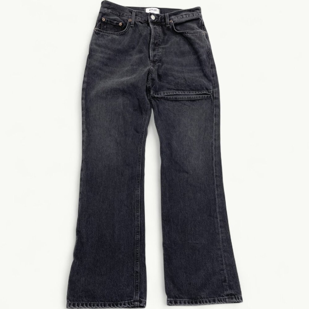 Agolde Black Thigh Leg Slit Slice Mid Rise Lana Straight Leg Jeans Women's 28